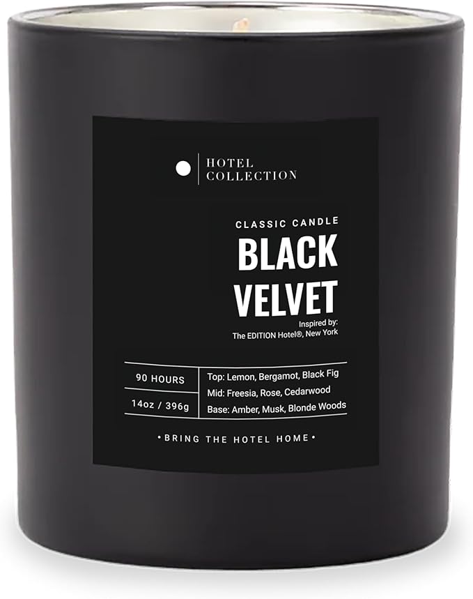 Hotel Collection - Black Velvet Single Wick Classic Candle - Hotel Inpsired Luxury Candle - 90 - Hours Burn Time - Hints of Blonde Woods, Rose, and Black Fig - 14 oz - Black