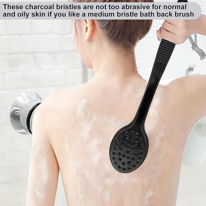 Back Bath Brush - Curved Long Handle Shower Brush with Medium Stiff Bristles for Cleaning and Exfoliating Body, Back Scrubber for Men & Women (Black + Pink 2 Pack)