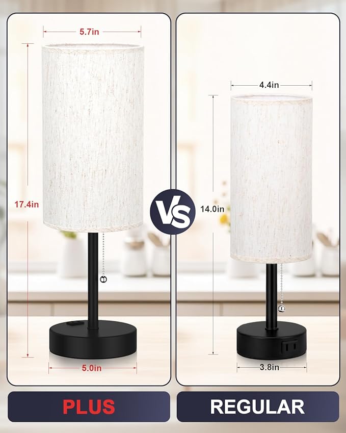 Fenmzee Plus Bedside Table Lamps Set of 2-3 Color Temperatures Pull Chain Lamp with AC Outlet Charging Port, Round Night Stand Lamps for Bedroom Guest Room Office, Bed Side Light with E26 LED Bulbs