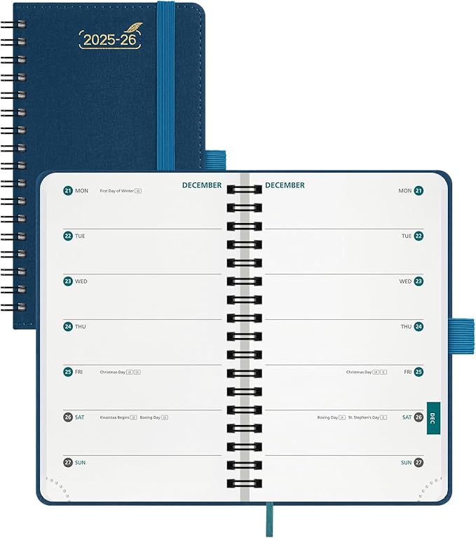 BEZEND Pocket Planner 2026 Weekly and Monthly (3.5" x 6"), 2-Column Calendar Book for Purse (Jul 25-Dec 26), Dual Schedule for Daily Appointment, Spiral Bound, PU Leather Softcover, Prussian Blue