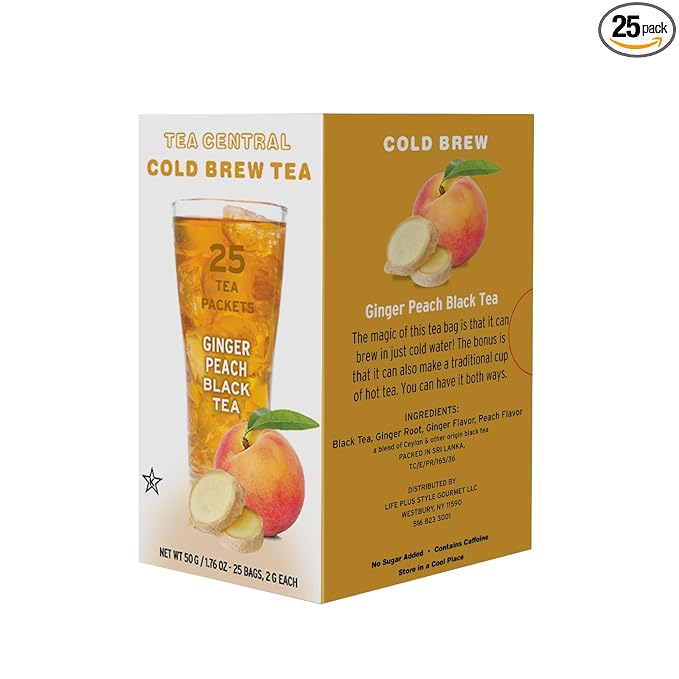 Life Plus Style Gourmet TEA CENTRAL Ginger Peach Black Tea Organic Ceylon Refreshing Tea Beverages Ginger Natural Sweet Flavored Cold Brew Peach Tea Bags Everyday Wellness Iced Drink 25 Tea Bags