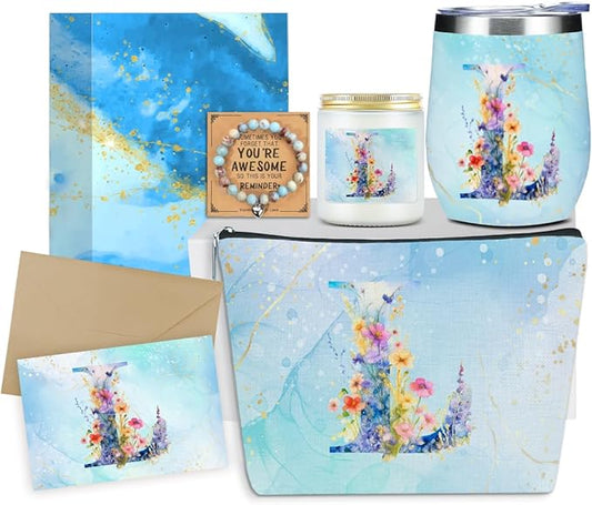 Personalized Gifts Monogrammed Birthday Gifts for Women, Mama New Mom Thanksgiving Wedding Christmas Initial Wine Tumbler Makeup Bag Scented Candle Bracelet Set, (Aesthetic Blue Flower L)
