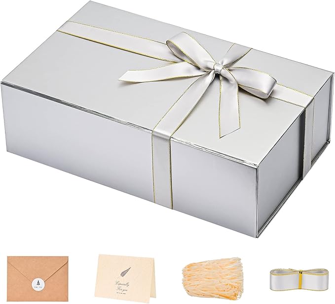 LIFELUM Gift Boxes with Lids,1 Pack 13.85 x 8.35 x 4.45 inch Silver Gift Boxes with Ribbon, Card, Shredded Paper Filler Gift Boxes for Presents,Graduation,Christmas,Birthdays