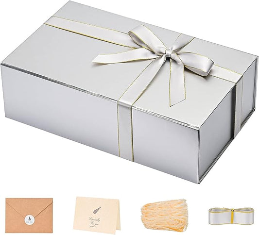LIFELUM Gift Boxes with Lids,1 Pack 13.85 x 8.35 x 4.45 inch Silver Gift Boxes with Ribbon, Card, Shredded Paper Filler Gift Boxes for Presents,Graduation,Christmas,Birthdays