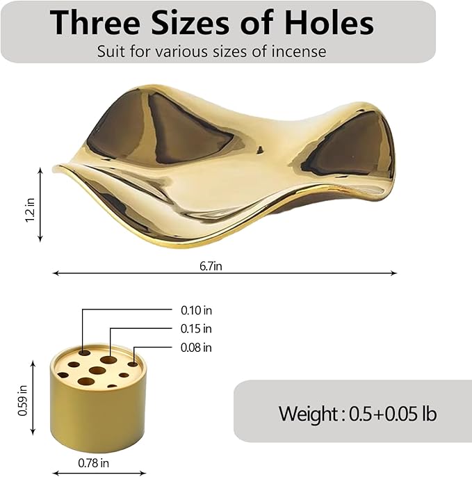 6.7 "Ceramic Incense Burner for Incense/Coil,Wavy Base with Brass -Incense Holder for Sticks,with Ash Catching Bowl for Meditation Yoga and Home Decoration (Gold)