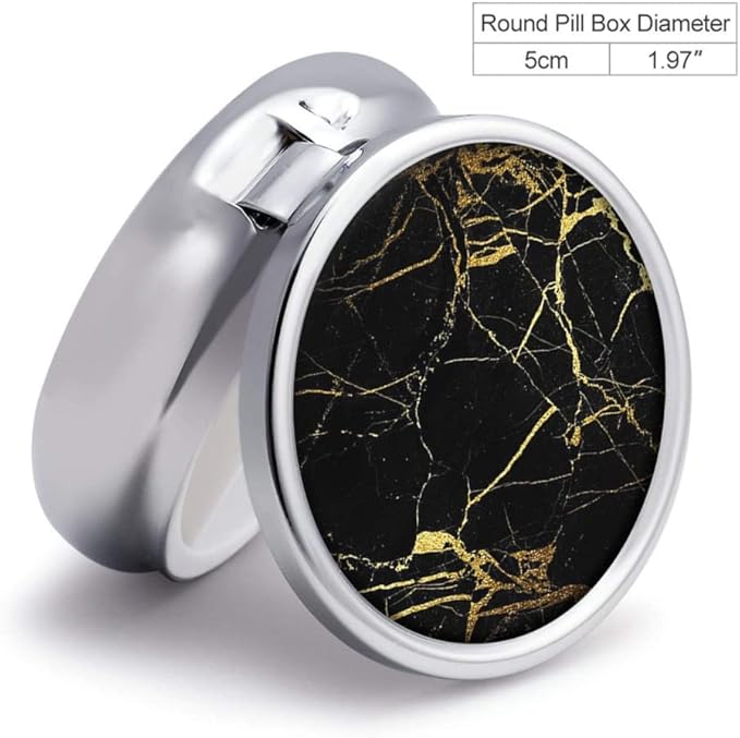 Gold Texture On Black Marble Background Pill Box Purse Pocket Small Round Silver Pill Case Decorative Box Metal Medicine Vitamin Pill Organizer Portable Unique Gift