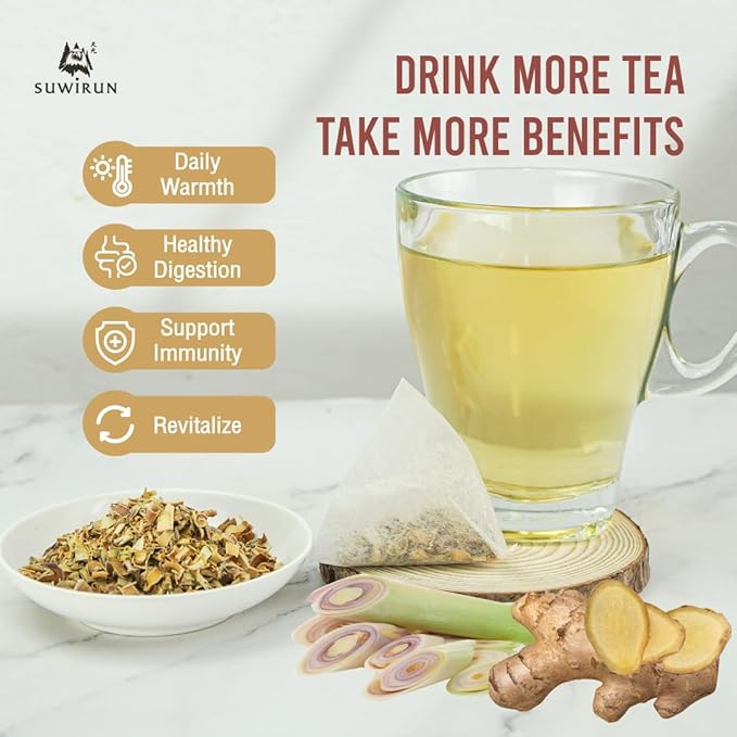 Suwirun Organic Lemongrass & Ginger Tea 25 Bags – Product of Thailand – Warming & Soothing Herbal Tea, Caffeine-Free, No Calories, Refreshing & Digestive Support