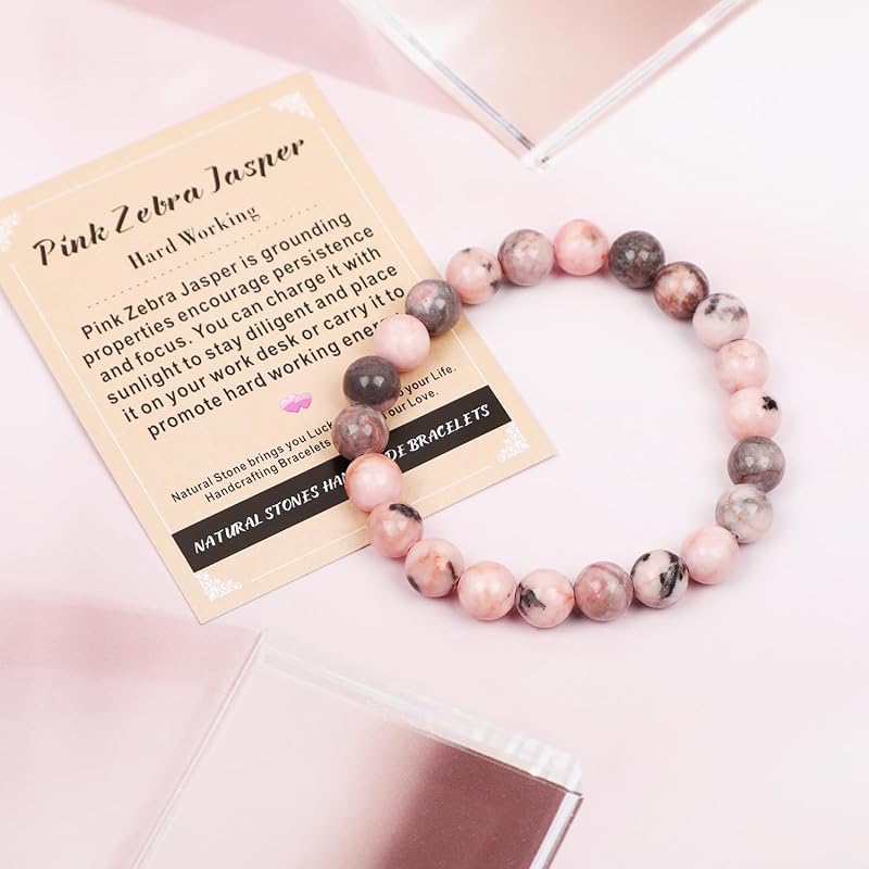 AD Beads Handmade Gemstone Stretch Elastic Bracelet Crystal Healing Reiki Nature's Beauty and Spiritual Essence Unisex (8mm, Pink Zebra Jasper (Hard Working))