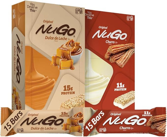 NuGo Protein Bar, NEW! Dulce De Leche 15 bars & Churro 15 bars, 11-15g Protein, Gluten Free, 30 Count