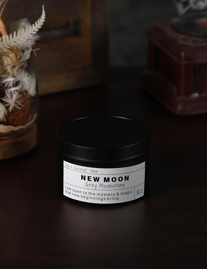 New Moon Gray Moonstone New Beginnings Ritual Energy Gift Grounding Manifestation Intention De-Stress Good Fortune Success Protection Meditation Magic Hande Made Candle(8oz).