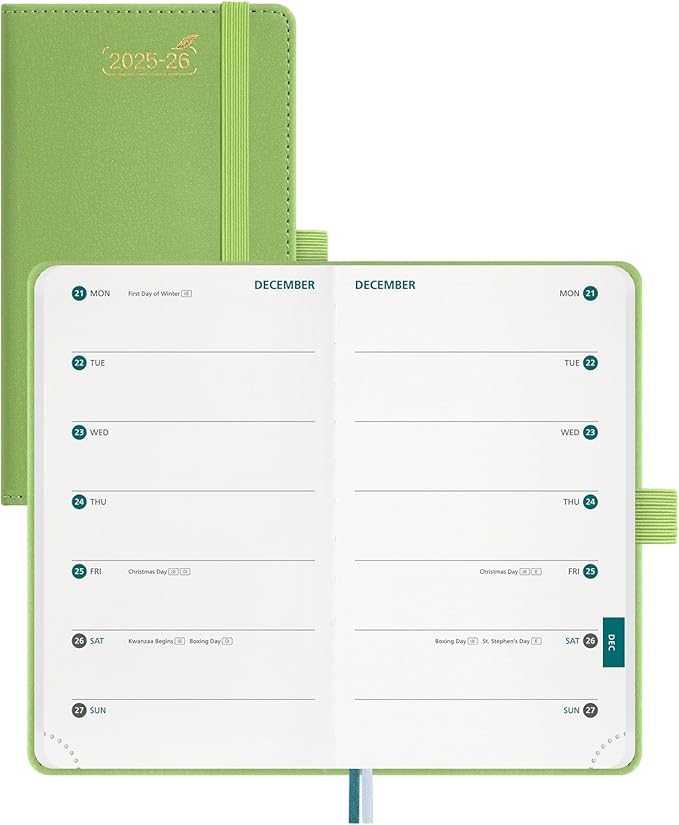 BEZEND Pocket Planner 2026 Weekly and Monthly (3.5" x 6"), 2-Column Calendar Book for Purse (Jul 25-Dec 26), Dual Schedule for Daily Appointment, Inner Pocket, PU Leather Hardcover - Fruit Green