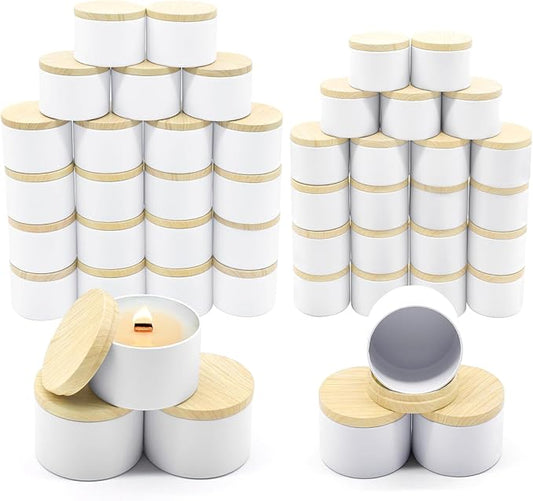 48-Pack Candle Jars, 24pcs 8oz + 24pcs 4oz Candle tins with Metal Wood-Grain Printing Lids, Empty Candle Jars for Making Candles Bulk Candle Containers-White