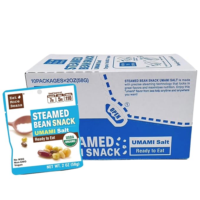 【Eat More Beans】 STEAMED BEAN SNACK -UMAMI Salt USDA Certified Healthy Vegan Snacks Ready to Eat Fully Cooked- Box of 10 packs(2oz, 10packs)