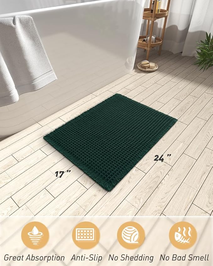 AMOAMI Upgraded Waffle Bath Mat, Super Absorbent Non Slip Bath Mats for Bathroom Floor, Machine Washable Bathroom Rugs with Tassels, Rubber Backed Bathroom Mats, Ultra Soft, 17" x 24", Dark Green
