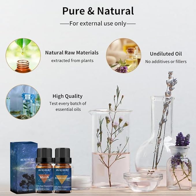 BURIBURI Frankincense Oil and Myrrh Essential Oils Gift Set, 100% Pure, Natural, Organic Aromatherapy Frankincense Fragrance Oils for Diffuser, Massage - 2 x 10ML