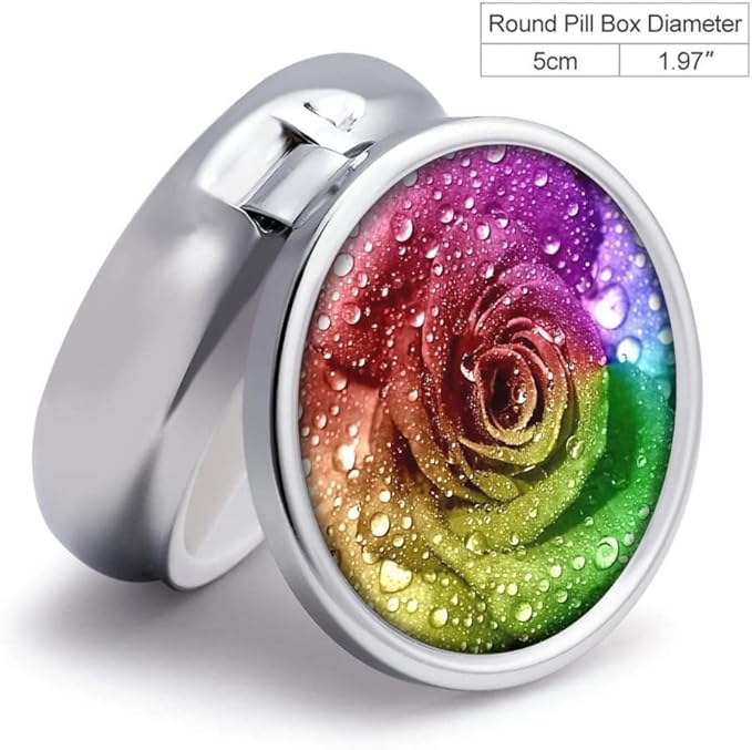 Colorful Rose with Water Drop Pill Box Purse Pocket Small Round Silver Pill Case Decorative Box Metal Medicine Vitamin Pill Organizer Portable Unique Gift