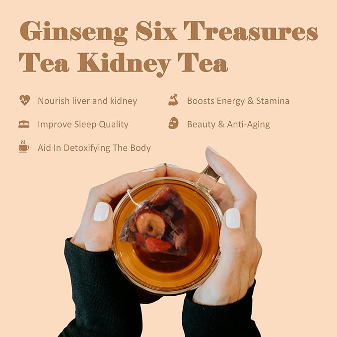 Kidney Tea Formula Ginseng Six Treasure Tea - Pure Natural Chinese Traditional Herbal Ginseng Six Treasure Kidney Detoxification Purification Tea Bag, Contains 7 Precious Ingredient Formulas (30 bags/1 Pack)