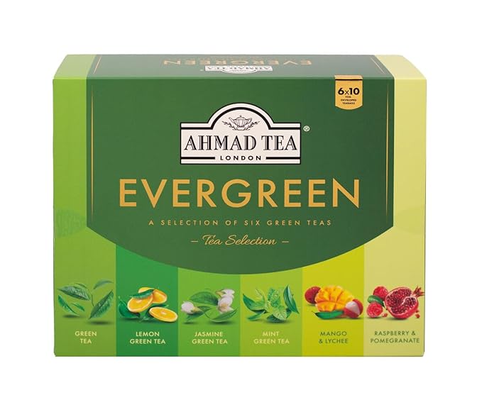 Ahmad Tea Green Tea, Evergreen Selection Pack Teabags, 60 Foil Teabags - Caffeinated & Sugar-Free