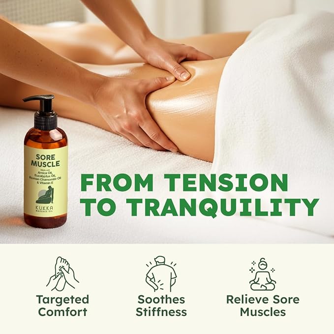 KUKKA Sore Massage Oil for Massage Therapy & Sore Muscles - 6.76 Fl Oz - Non-Greasy Oil for Deep Relaxation & All Skin Types - Suitable for Men & Women