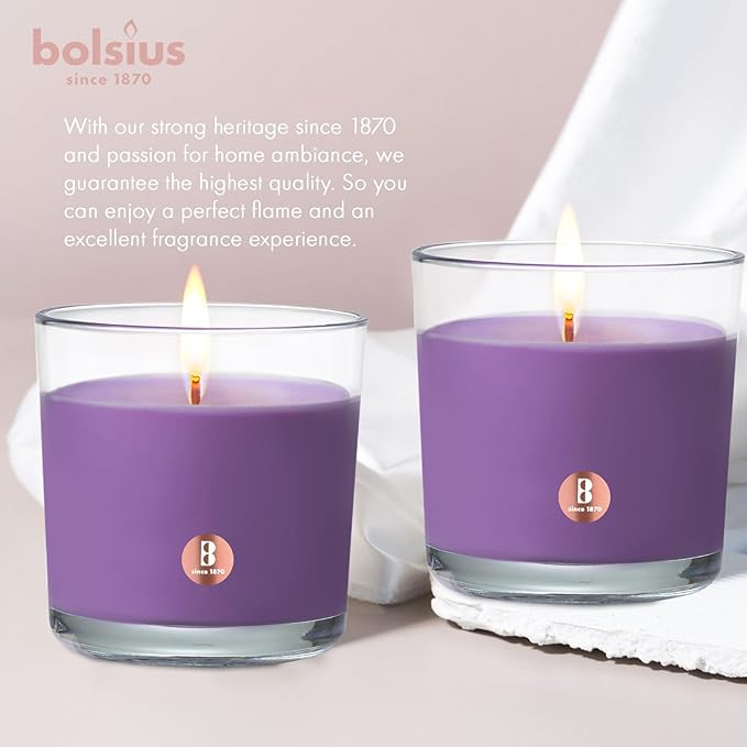 Bolsius Premium Lavender Scented Candle - Long-Lasting Candle Jar, 43+ Hours Burning Time - Natural Lavender Candle with Plant-Based Wax- Smokeless. Clean-Burning Aromatherapy Candle - Large, 8oz Jar
