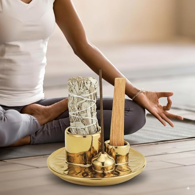 Handmade Ceramic Incense Burner for Palo Santo Incense Sticks, 4 in 1 Multi-Purpose Sage Holder for Burning, Ash Catcher Tray for Meditation Yoga Room (Golden)