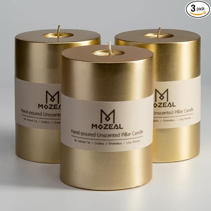 MOZEAL 3" x 4" Hand-Poured Unscented Candle,Dripless Pillar Candle Set of 3,Long Clean Burning,Approx 72 Hours Burn Time,Rustic Country Style,Wedding,Dinner,Christmas and Home Decor,Gold