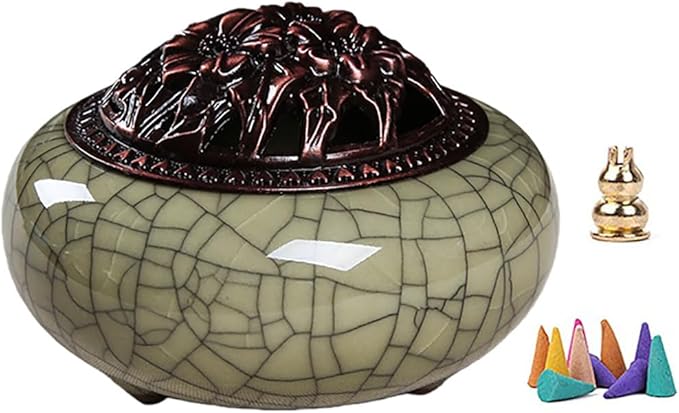 Ceramic Incense Burner Set with Brass Gourd Holder, Smudging Bowl for Incense Sticks, Cones, Sage, Frankincense & Palo Santo, Portable Ash Catcher for Home, Meditation, Yoga and Gift Giving (05)