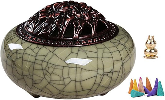 Ceramic Incense Burner Set with Brass Gourd Holder, Smudging Bowl for Incense Sticks, Cones, Sage, Frankincense & Palo Santo, Portable Ash Catcher for Home, Meditation, Yoga and Gift Giving (05)