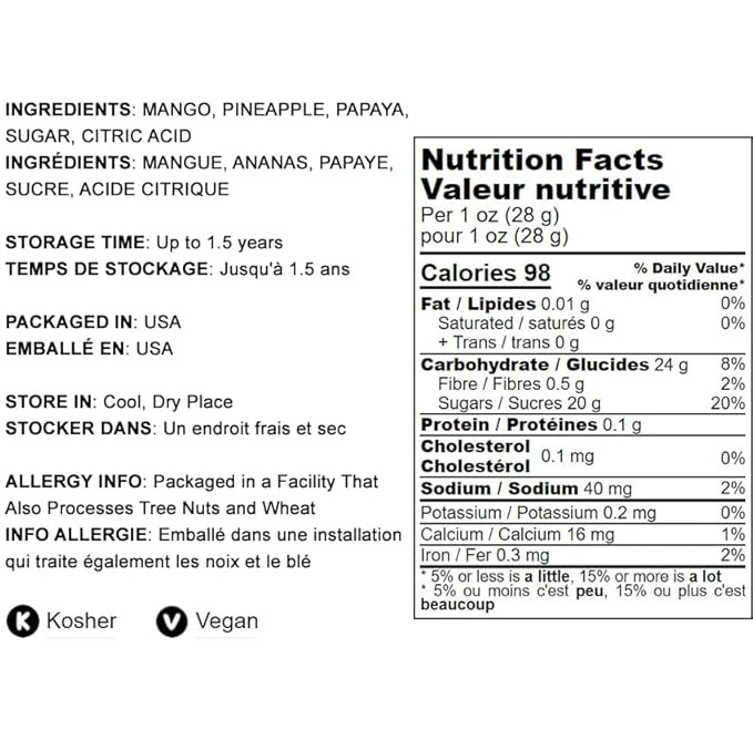Food to Live Diced Fruits Mix, 4 Ounces - Contains Dreid and Diced Mango, Pineapple, Papaya. Sweetened, Unsulfured, Candied Vegan Snack, Kosher, Bulk, Great for Culinary Use and Baking