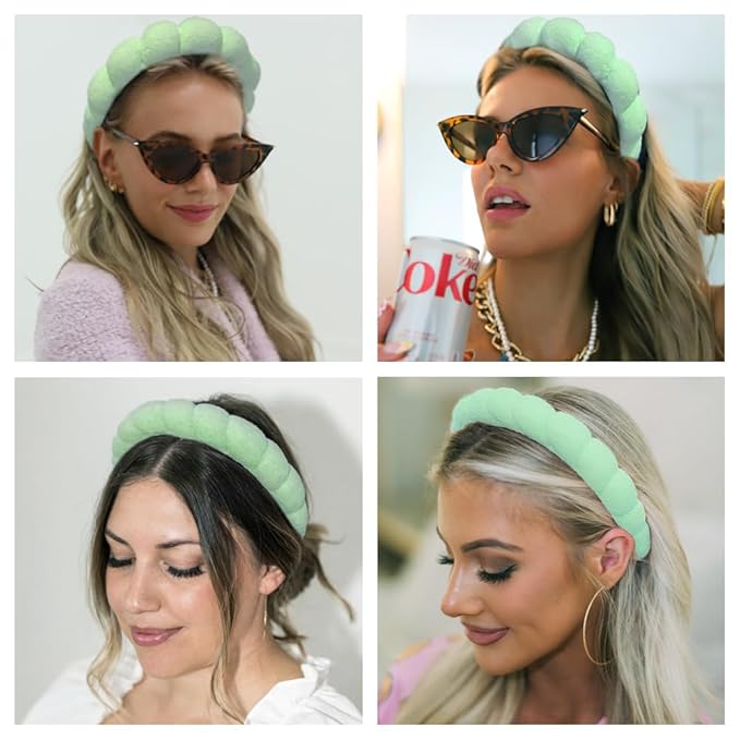 Spa Headbands for Washing Face or Makeup, Sponge Bubble Skincare Headbands, Puffy Terry Cloth Hairband for Women, Skin Care Makeup Headwear Hair Accessories for Girls (Green)