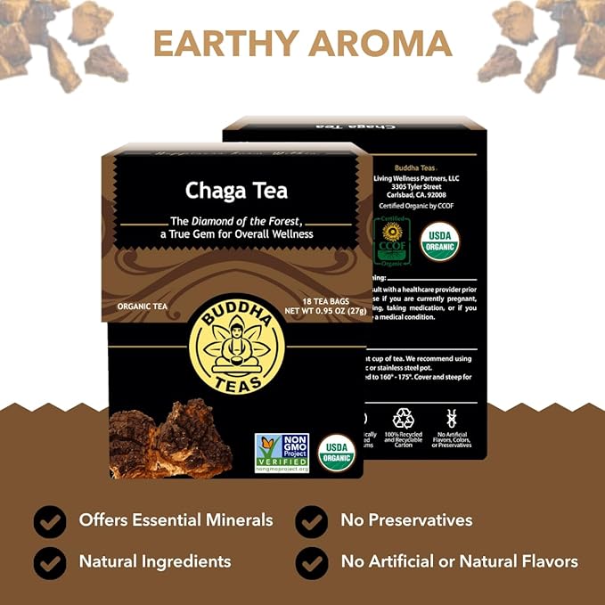 Buddha Teas - Chaga Tea - Organic Herbal Tea - For Cognitive Balance & Overall Health - With Chaga Mushroom, Antioxidants & B Vitamins - Caffeine Free - 100% Kosher & Non-GMO - 18 Tea Bags (Pack of 3)