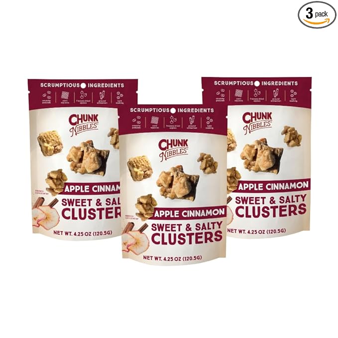 Chunk Nibbles Apple Cinnamon Snack Clusters - Award-Winning Blend with Real Apples, Pretzels & Corn Squares - Cozy Fall Flavor, Handcrafted - Gourmet Treat - 4.25oz Resealable Pouch (3 Pack)