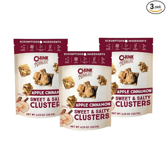 Chunk Nibbles Apple Cinnamon Snack Clusters - Award-Winning Blend with Real Apples, Pretzels & Corn Squares - Cozy Fall Flavor, Handcrafted - Gourmet Treat - 4.25oz Resealable Pouch (3 Pack)