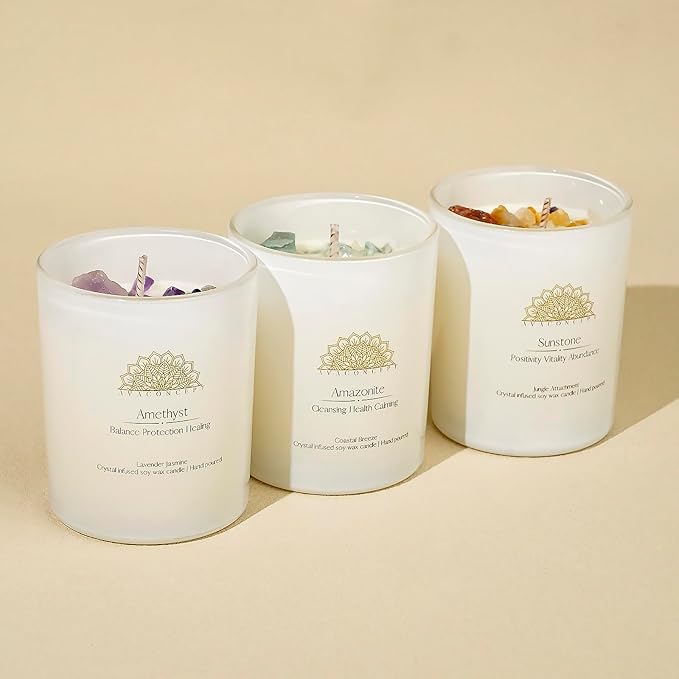 Healing Crystal Candles Gift Set for Women, 3 Pack Aromatherapy Soy Candles with Real Amethyst Amazonite Sunstone, Lavender Jasmine Coastal Breeze Scented Candles, Meditation Chakra Energy - 3.5oz