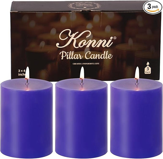 KONNI Violet Pillar Candles Set of 3, 3"x 4" Unscented Pillar Candles Bulk, 39 Hours Long Burning Candles, Smokeless and Dripless Large Round Candle for Wedding, Home Decoration, Parties, Spas, Dinner