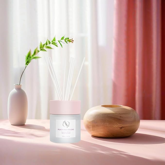 Reed Diffuser Set, Pretty Valley Home Diffuser 100Ml / 3.38fl OZ Gift Box - Includes Reed Diffuser Sticks, Fragrance Oil, and Glass Bottle for Bathroom Office Living Room Decor (White Peach & Oolong)