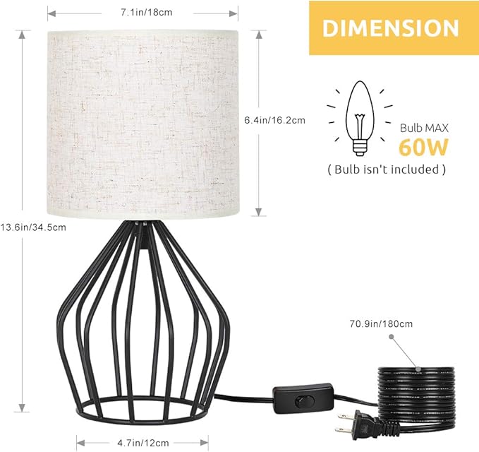 HAITRAL Black Modern Table Lamp - Minimalist Small Bedside Lamp with Hollowed Out Base Linen Fabric Shade, Vintage Nightstand Lamp for Bedroom Living Room Side Table Desk Kids Room