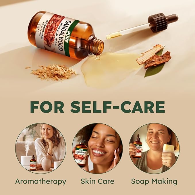 KUKKA Sandalwood Essential Oils - 4 Fl Oz - for Hair, Skin, Diffuser, Aromatherapy & DIY Soap Making Scent