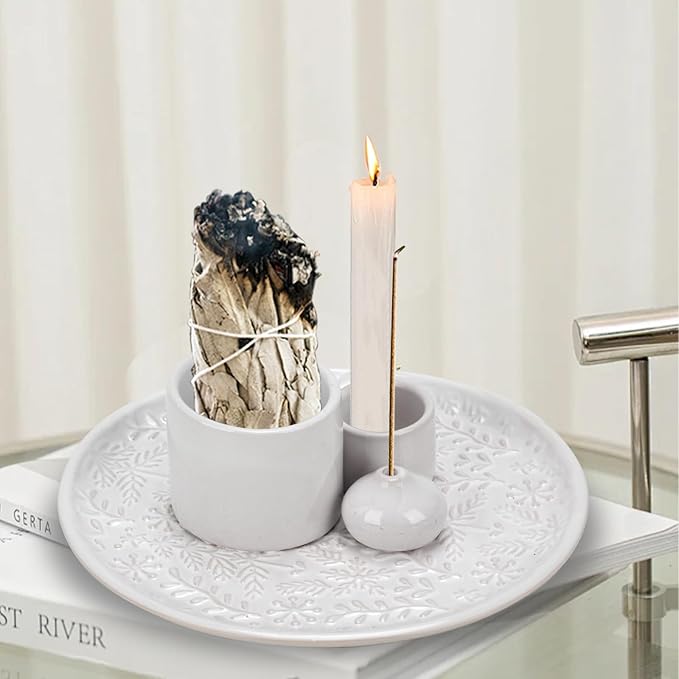 Ceramic Incense Holder Set with Decorative Tray, White, Intricate Pattern Design, 5.9x5.9x2 Inch, for Sticks, Cones, Palo Santo, Sage (White)