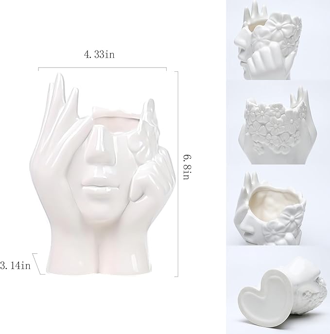 BrownLove Ceramic Face Vase White Flower for Decor Female Form Art Vase Modern Decorative Centerpiece for Table Shelf Living Room Office Bedroom