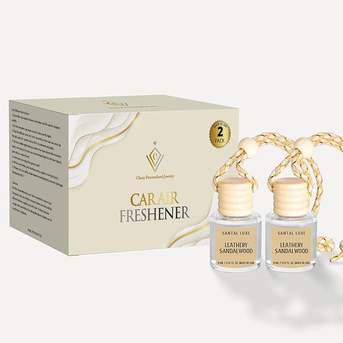 Car Air Freshener Hanging 2 Pack, Leathery Sandalwood Essential Oil Diffuser, Car Air Fresheners for Women, 45+ days Long Lasting Air Freshener for C ar, C ar accessories, Made in USA