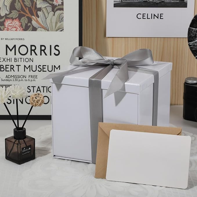Gift Box with Lid 7x7x6.5 Inches, White Gift Boxes for presents Packaging for Birthdays, Valentine's Day, Christmas, Anniversaries (Include Shredded Paper Fill, Envelope Card Ribbon)