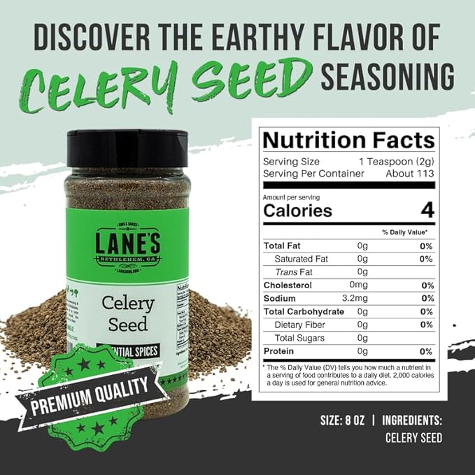Lane's Celery Seed Seasoning, All-Natural Celery Seed Spice For a Healthier Dishes to Accommodate Meats, Veggies, Seafood, Made in USA, 8 oz (226g)