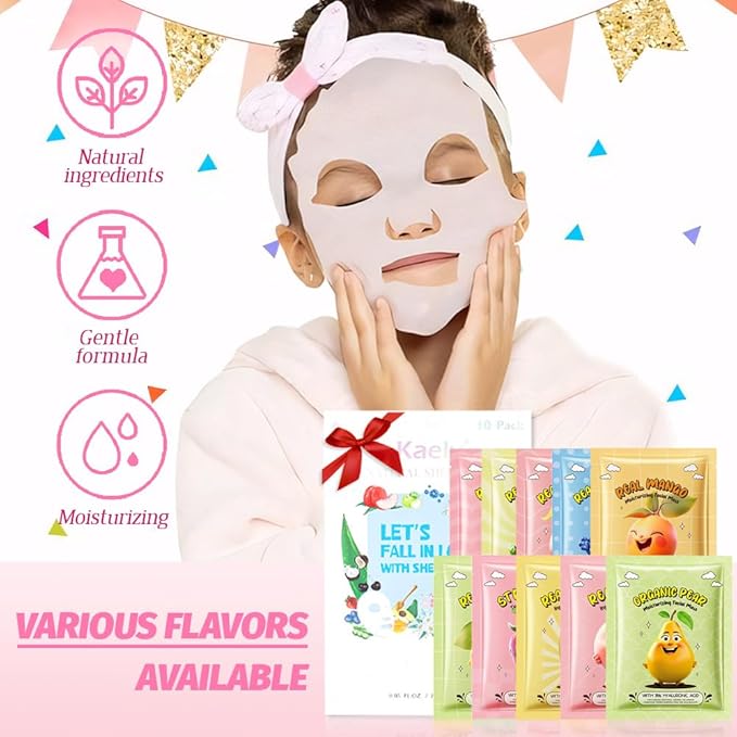 Kaely 10 Pack Fruit Face Masks for Kids, Kids Face Mask Spa Day Kit Supplies, Spa Party Favors for Teens Girls Women, Sheet Facial Mask Skincare Gifts Set, Moisturize Soothe for All Skin Types, 02