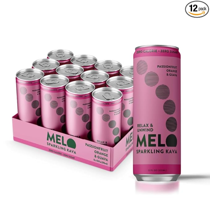 Melo Sparkling Kava Drink, Passionfruit, Orange & Guava, Sugar Free Non Alcoholic Drinks with Zero Calories, Gluten Free, Vegan, 100% Natural Mocktail with 750mg Kava Root per Drink, 12 Pack, 12 oz Cans