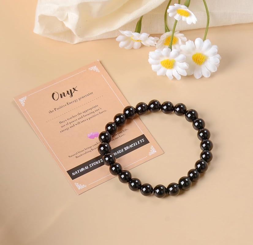 AD Beads Handmade Gemstone Stretch Elastic Bracelet Crystal Healing Reiki Nature's Beauty and Spiritual Essence Unisex (4mm, Black Onyx)