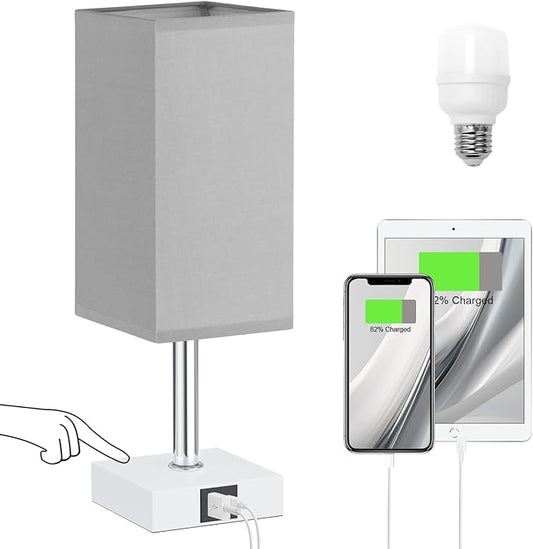 Ambimall Touch Control Table Lamp with USB A+C Charging Ports - 3 Way Touch Lamps Bedside, Nightstand Lamp for Bedrooms Living Room Nursery, LED Bulb Included(Grey Shade)