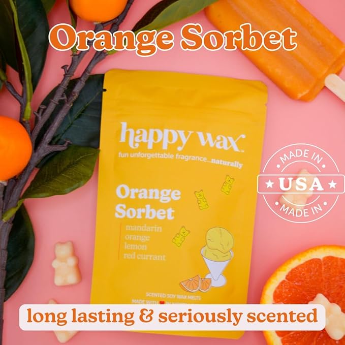 Happy Wax Orange Sorbet Scented Bear Wax Melts - Natural Strong Summer Scented Wax Melts Infused w/Essential Oils - Non Toxic Wax Melt. Scented Soy Wax Melts for Warmers (8 oz Tin)