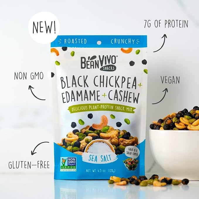 BeanVIVO Healthy Snacks for Adults & Kids with 7g Protein & 5g Fiber per Serving with Dried Edamame, Roasted Cashew and Chickpeas - Vegan & Gluten Free - Keto Friendly & Non-GMO - 3-Pack (4.5 oz Each Pouch)
