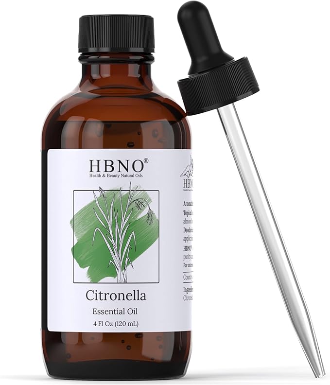 HBNO California Bottled Citronella Essential Oil 4 fl oz (120ml) - Natural Citronella Oil - Perfect for Cleaning, Aromatherapy, DIY, Soap & Diffuser -